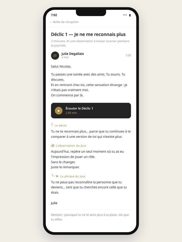 Aperçu du mail du jour 1 sur un téléphone, avec le lecteur audio
