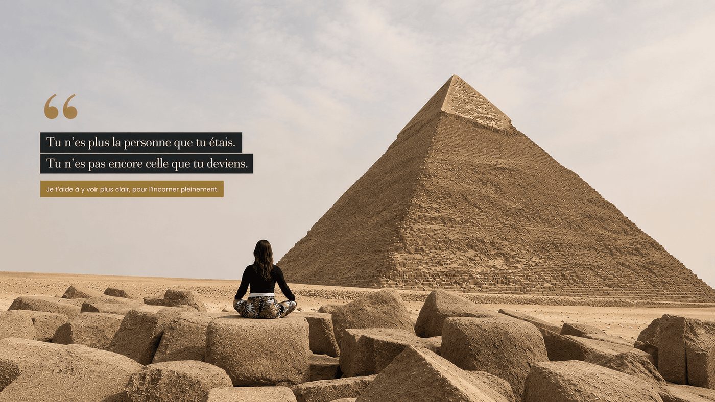 Julie assise face à la pyramide de Khéphren. Tu n'es plus la personne que tu étais, tu n'es pas encore celle que tu deviens.