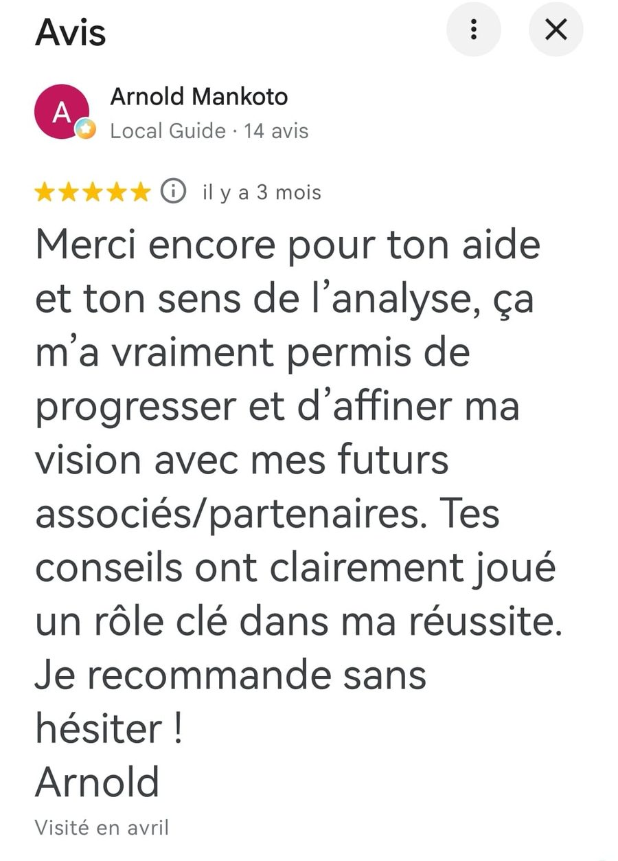 Avis Google d'Arnold, cinq étoiles, après sa lecture photo décisionnelle